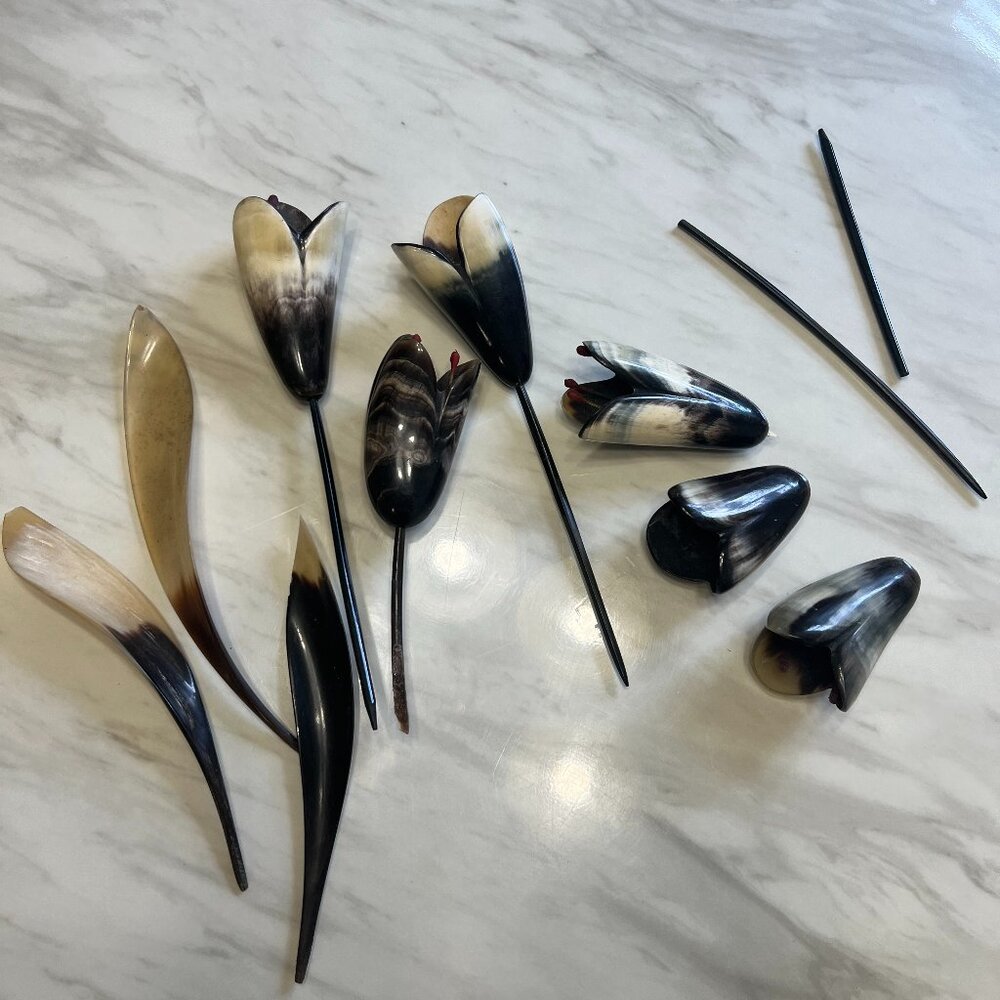 This set of hand carved vintage tulips, leaves and Stems were hand carved from A